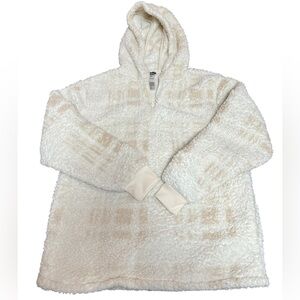 Crane Hooded Sherpa Quarter Zip - Size Medium, Cream and Tan Plaid